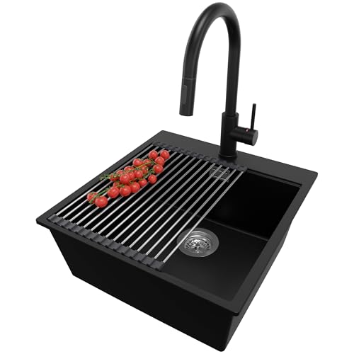 PRIMAGRAN Granitspüle Schwarz 48x50cm, Spülbecken 1 Becken + Küchenarmatur 40x20cm + Ablauf-Set + Aufrollbare Abtropffläche, Küchenspüle ab 50er Unterschrank - Oslo PRIMAGRAN Granitspüle Schwarz 48x50cm, Spülbecken 1 Becken + Küchenarmatur 40x20cm + Ablauf-Set + Aufrollbare Abtropffläche, Küchenspüle ab 50er Unterschrank - Oslo von Primagran
