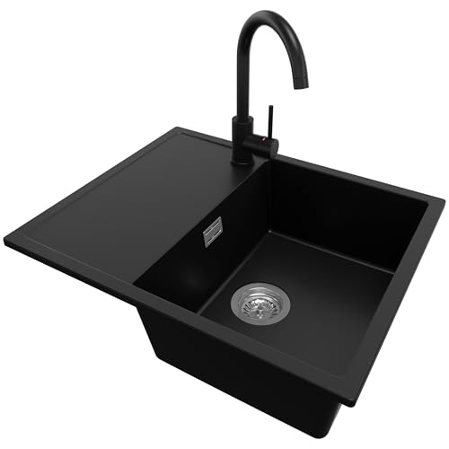 PRIMAGRAN Granitspüle Schwarz 62x50cm, Spülbecken 1 Becken + Ablauf-Set + Küchenarmatur 32x20cm, Küchenspüle ab 45er Unterschrank - Ibiza von Primagran