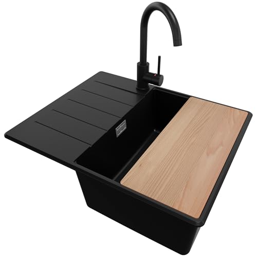 PRIMAGRAN Granitspüle Schwarz 62x50cm, Spülbecken 1 Becken + Ablauf-Set + Küchenarmatur 32x20cm + Schneidebrett, Küchenspüle ab 45er Unterschrank - Kopenhagen von Primagran