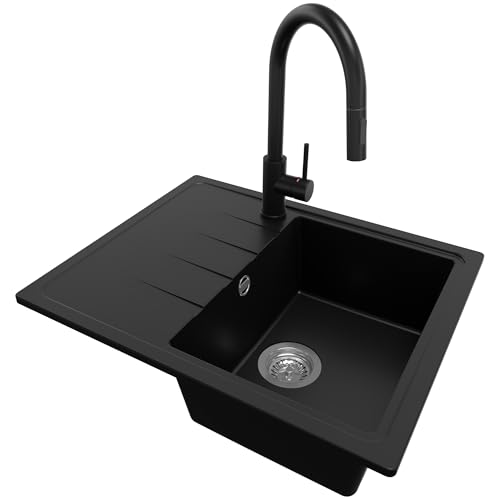 PRIMAGRAN Granitspüle Schwarz 62x50cm, Spülbecken 1 Becken + Ablauf-Set + Küchenarmatur 40x22cm, Küchenspüle ab 40er Unterschrank - Mailand von Primagran