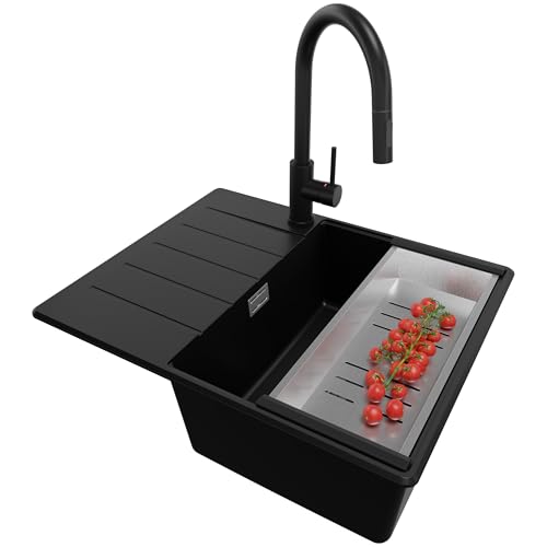 PRIMAGRAN Granitspüle Schwarz 62x50cm, Spülbecken 1 Becken + Ablauf-Set + Küchenarmatur 40x22cm, Küchenspüle ab 45er Unterschrank - Kopenhagen von Primagran