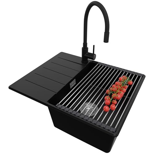 PRIMAGRAN Granitspüle Schwarz 62x50cm, Spülbecken 1 Becken + Küchenarmatur 40x38cm + Ablauf-Set + Aufrollbare Abtropffläche, Küchenspüle ab 45er Unterschrank - Kopenhagen PRIMAGRAN Granitspüle Schwarz 62x50cm, Spülbecken 1 Becken + Küchenarmatur 40x38cm + Ablauf-Set + Aufrollbare Abtropffläche, Küchenspüle ab 45er Unterschrank - Kopenhagen von Primagran