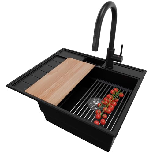PRIMAGRAN Granitspüle Schwarz 62x53cm, Spülbecken 1 Becken + Küchenarmatur 40x20cm + Ablauf-Set + Küchenzubehörset, Küchenspüle ab 45er Unterschrank - Sydney Pocket PRIMAGRAN Granitspüle Schwarz 62x53cm, Spülbecken 1 Becken + Küchenarmatur 40x20cm + Ablauf-Set + Küchenzubehörset, Küchenspüle ab 45er Unterschrank - Sydney Pocket von Primagran