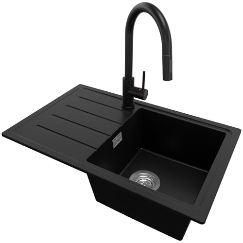 PRIMAGRAN Granitspüle Schwarz 70x44cm, Spülbecken 1 Becken + Ablauf-Set + Küchenarmatur 40x22cm, Küchenspüle ab 45er Unterschrank - Kopenhagen Easy von Primagran