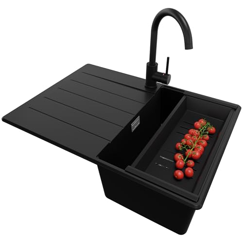 PRIMAGRAN Granitspüle Schwarz 70x50cm, Spülbecken 1 Becken + Ablauf-Set + Küchenarmatur 32x20cm, Küchenspüle ab 40er Unterschrank - Kopenhagen von Primagran
