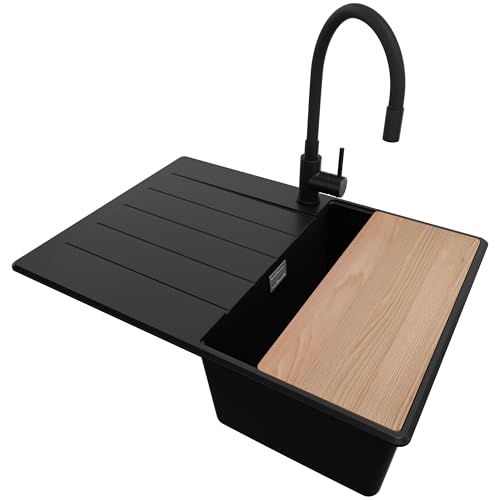 PRIMAGRAN Granitspüle Schwarz 70x50cm, Spülbecken 1 Becken + Ablauf-Set + Küchenarmatur 40x13cm + Schneidebrett, Küchenspüle ab 40er Unterschrank - Kopenhagen von Primagran