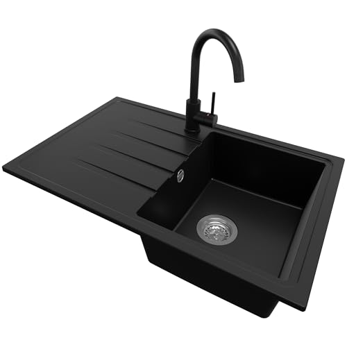 PRIMAGRAN Granitspüle Schwarz 78x50cm, Spülbecken 1 Becken + Ablauf-Set + Küchenarmatur 32x20cm, Küchenspüle ab 45er Unterschrank - Mailand von Primagran
