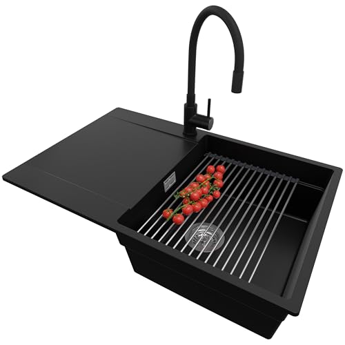 PRIMAGRAN Granitspüle Schwarz 78x50cm, Spülbecken 1 Becken + Ablauf-Set + Küchenarmatur 40x13cm + Aufrollbare Abtropffläche, Küchenspüle ab 50er Unterschrank - San Francisco von Primagran