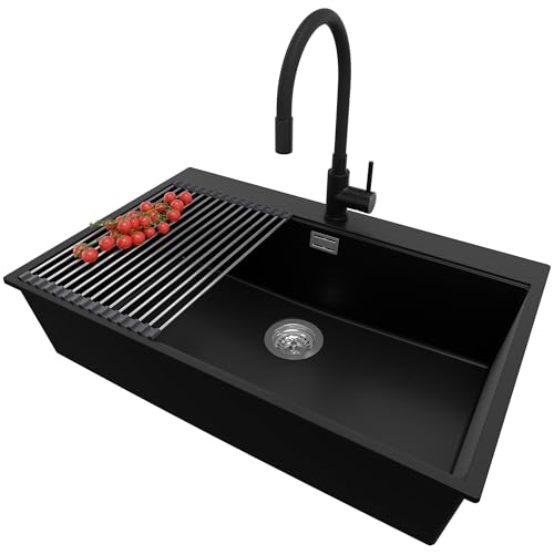 PRIMAGRAN Granitspüle Schwarz 78x50cm, Spülbecken 1 Becken + Küchenarmatur 40x38cm + Ablauf-Set + Aufrollbare Abtropffläche, Küchenspüle ab 80er Unterschrank - Oslo PRIMAGRAN Granitspüle Schwarz 78x50cm, Spülbecken 1 Becken + Küchenarmatur 40x38cm + Ablauf-Set + Aufrollbare Abtropffläche, Küchenspüle ab 80er Unterschrank - Oslo von Primagran