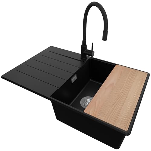 PRIMAGRAN Granitspüle Schwarz 78x50cm, Spülbecken 1 Becken + Küchenarmatur 40x38cm + Ablauf-Set + Schneidebrett, Küchenspüle ab 50er Unterschrank - Kopenhagen von Primagran