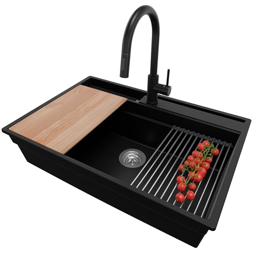 PRIMAGRAN Granitspüle Schwarz 78x53cm, Spülbecken 1 Becken + Ablauf-Set + Küchenarmatur 40x20cm + Küchenzubehörset, Küchenspüle ab 80er Unterschrank - Oslo Pocket PRIMAGRAN Granitspüle Schwarz 78x53cm, Spülbecken 1 Becken + Ablauf-Set + Küchenarmatur 40x20cm + Küchenzubehörset, Küchenspüle ab 80er Unterschrank - Oslo Pocket von Primagran