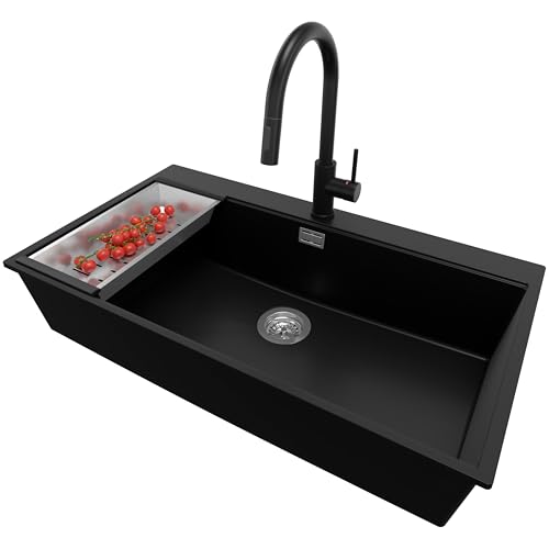 PRIMAGRAN Granitspüle Schwarz 88x50cm, Spülbecken 1 Becken + Ablauf-Set + Küchenarmatur 40x22cm, Küchenspüle ab 90er Unterschrank - Oslo von Primagran