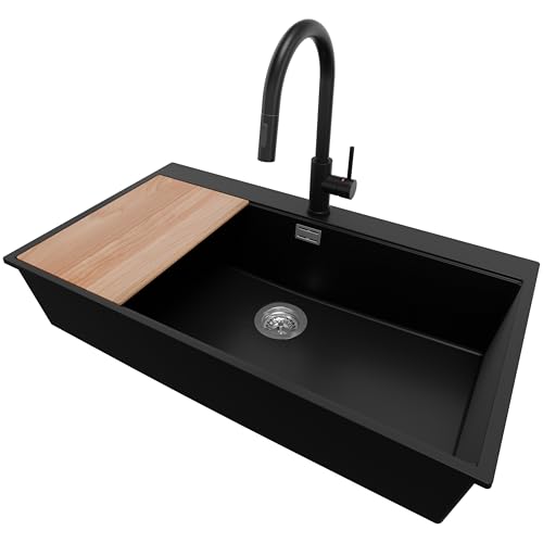 PRIMAGRAN Granitspüle Schwarz 88x50cm, Spülbecken 1 Becken + Ablauf-Set + Küchenarmatur 40x22cm + Schneidebrett, Küchenspüle ab 90er Unterschrank - Oslo von Primagran