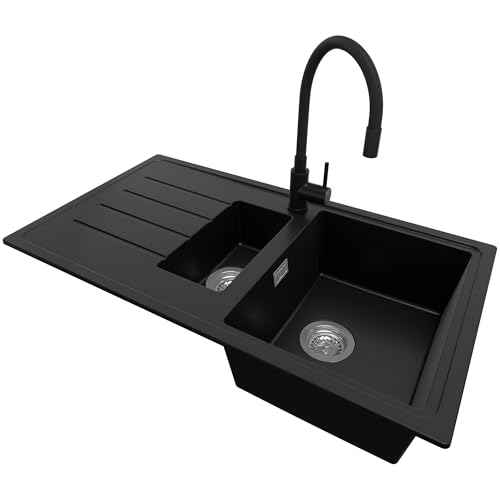 PRIMAGRAN Granitspüle Schwarz 90x50cm, Spülbecken 1,5 Becken + Küchenarmatur 40x38cm + Ablauf-Set, Küchenspüle ab 60er Unterschrank - Kopenhagen Duo PRIMAGRAN Granitspüle Schwarz 90x50cm, Spülbecken 1,5 Becken + Küchenarmatur 40x38cm + Ablauf-Set, Küchenspüle ab 60er Unterschrank - Kopenhagen Duo von Primagran