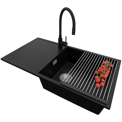 PRIMAGRAN Granitspüle Schwarz 90x50cm, Spülbecken 1 Becken + Küchenarmatur 40x38cm + Ablauf-Set + Aufrollbare Abtropffläche, Küchenspüle ab 60er Unterschrank - Ibiza PRIMAGRAN Granitspüle Schwarz 90x50cm, Spülbecken 1 Becken + Küchenarmatur 40x38cm + Ablauf-Set + Aufrollbare Abtropffläche, Küchenspüle ab 60er Unterschrank - Ibiza von Primagran