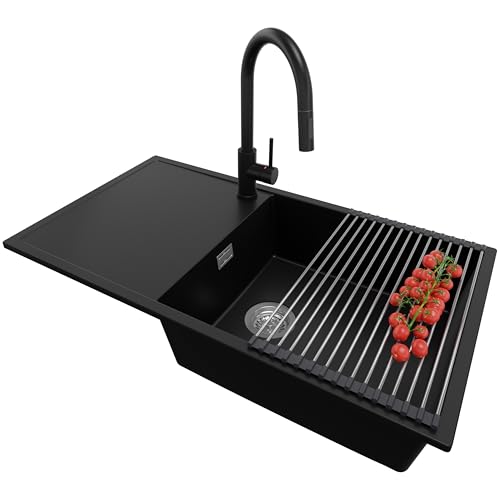 PRIMAGRAN Granitspüle Schwarz 90x50cm, Spülbecken 1 Becken + Küchenarmatur 40x20cm + Ablauf-Set + Aufrollbare Abtropffläche, Küchenspüle ab 60er Unterschrank - Ibiza PRIMAGRAN Granitspüle Schwarz 90x50cm, Spülbecken 1 Becken + Küchenarmatur 40x20cm + Ablauf-Set + Aufrollbare Abtropffläche, Küchenspüle ab 60er Unterschrank - Ibiza von Primagran