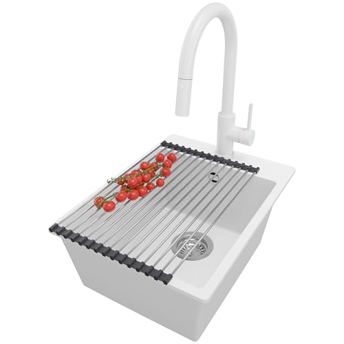 PRIMAGRAN Granitspüle Weiß 38x50cm, Spülbecken 1 Becken + Ablauf-Set + Küchenarmatur 40x20cm + Aufrollbare Abtropffläche, Küchenspüle ab 40er Unterschrank - Riga PRIMAGRAN Granitspüle Weiß 38x50cm, Spülbecken 1 Becken + Ablauf-Set + Küchenarmatur 40x20cm + Aufrollbare Abtropffläche, Küchenspüle ab 40er Unterschrank - Riga von Primagran