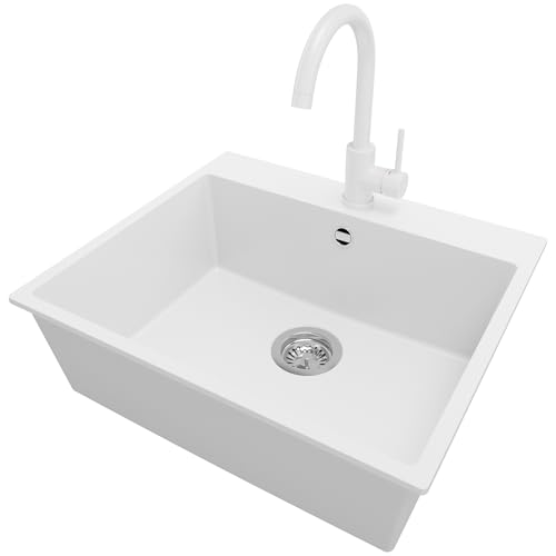 PRIMAGRAN Granitspüle Weiß 58x50cm, Spülbecken 1 Becken + Ablauf-Set + Küchenarmatur 32x20cm, Küchenspüle ab 60er Unterschrank - Riga von Primagran