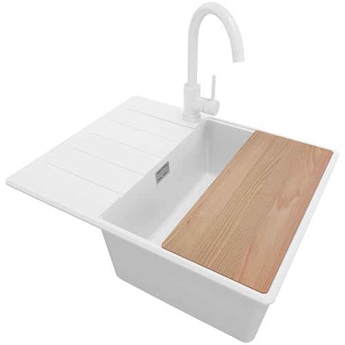 PRIMAGRAN Granitspüle Weiß 62x50cm, Spülbecken 1 Becken + Ablauf-Set + Küchenarmatur 32x20cm + Schneidebrett, Küchenspüle ab 45er Unterschrank - Kopenhagen PRIMAGRAN Granitspüle Weiß 62x50cm, Spülbecken 1 Becken + Ablauf-Set + Küchenarmatur 32x20cm + Schneidebrett, Küchenspüle ab 45er Unterschrank - Kopenhagen von Primagran