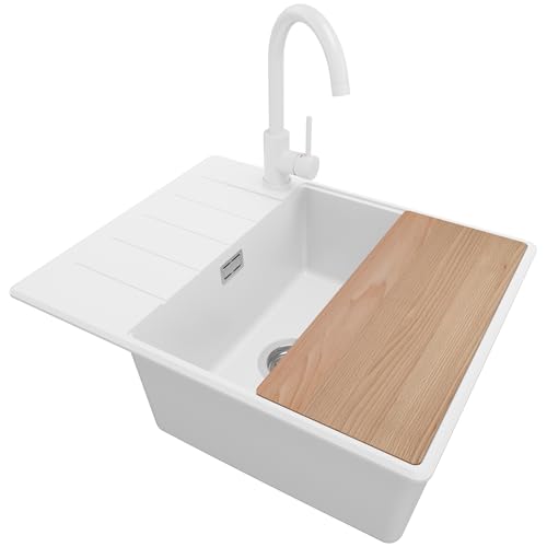 PRIMAGRAN Granitspüle Weiß 62x50cm, Spülbecken 1 Becken + Küchenarmatur 32x20cm + Ablauf-Set + Schneidebrett, Küchenspüle ab 50er Unterschrank - Kopenhagen PRIMAGRAN Granitspüle Weiß 62x50cm, Spülbecken 1 Becken + Küchenarmatur 32x20cm + Ablauf-Set + Schneidebrett, Küchenspüle ab 50er Unterschrank - Kopenhagen von Primagran