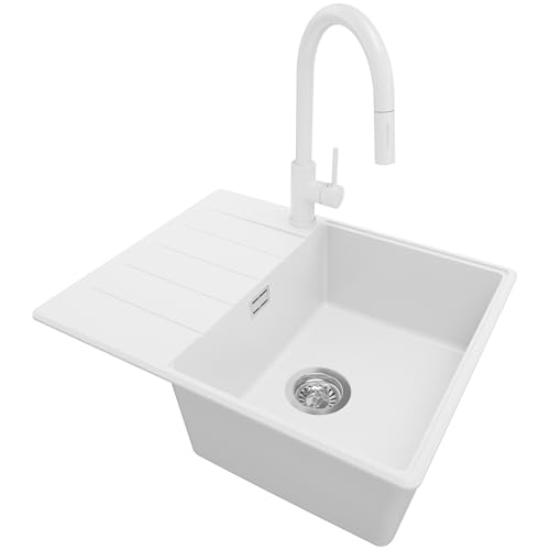 PRIMAGRAN Granitspüle Weiß 62x50cm, Spülbecken 1 Becken + Ablauf-Set + Küchenarmatur 40x22cm, Küchenspüle ab 45er Unterschrank - Kopenhagen von Primagran