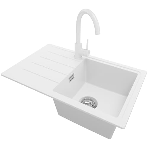 PRIMAGRAN Granitspüle Weiß 70x44cm, Spülbecken 1 Becken + Ablauf-Set + Küchenarmatur 32x20cm, Küchenspüle ab 45er Unterschrank - Kopenhagen Easy von Primagran