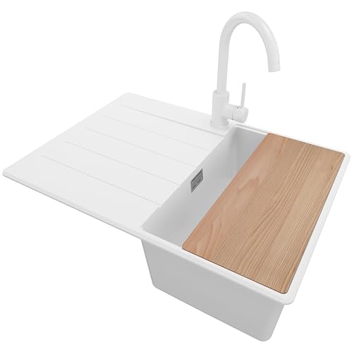 PRIMAGRAN Granitspüle Weiß 70x50cm, Spülbecken 1 Becken + Ablauf-Set + Küchenarmatur 32x20cm + Schneidebrett, Küchenspüle ab 40er Unterschrank - Kopenhagen von Primagran