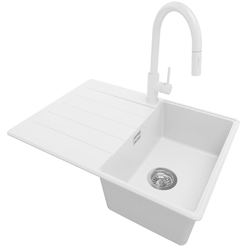 PRIMAGRAN Granitspüle Weiß 70x50cm, Spülbecken 1 Becken + Ablauf-Set + Küchenarmatur 40x22cm, Küchenspüle ab 40er Unterschrank - Kopenhagen von Primagran