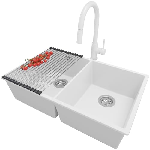 PRIMAGRAN Granitspüle Weiß 76x47cm, Spülbecken 2 Becken + Küchenarmatur 40x20cm + Ablauf-Set + Aufrollbare Abtropffläche, Küchenspüle ab 80er Unterschrank - London Slim Twin PRIMAGRAN Granitspüle Weiß 76x47cm, Spülbecken 2 Becken + Küchenarmatur 40x20cm + Ablauf-Set + Aufrollbare Abtropffläche, Küchenspüle ab 80er Unterschrank - London Slim Twin von Primagran