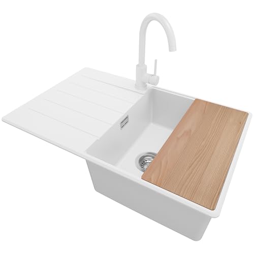 PRIMAGRAN Granitspüle Weiß 78x50cm, Spülbecken 1 Becken + Küchenarmatur 32x20cm + Ablauf-Set + Schneidebrett, Küchenspüle ab 50er Unterschrank - Kopenhagen von Primagran