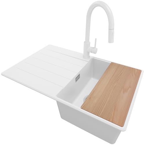 PRIMAGRAN Granitspüle Weiß 78x50cm, Spülbecken 1 Becken + Ablauf-Set + Küchenarmatur 40x22cm + Schneidebrett, Küchenspüle ab 45er Unterschrank - Kopenhagen PRIMAGRAN Granitspüle Weiß 78x50cm, Spülbecken 1 Becken + Ablauf-Set + Küchenarmatur 40x22cm + Schneidebrett, Küchenspüle ab 45er Unterschrank - Kopenhagen von Primagran