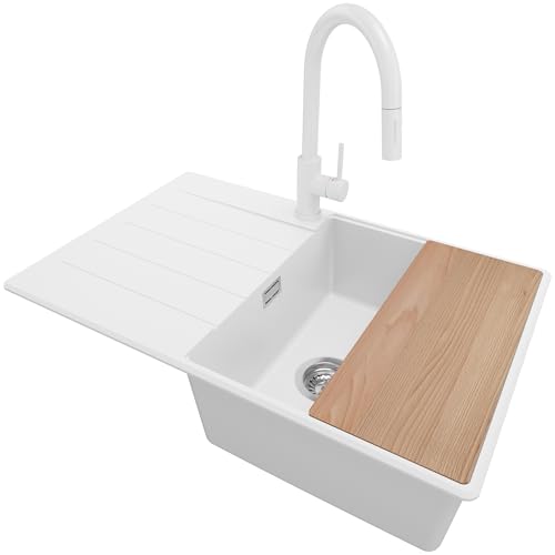 PRIMAGRAN Granitspüle Weiß 78x50cm, Spülbecken 1 Becken + Küchenarmatur 40x20cm + Ablauf-Set + Schneidebrett, Küchenspüle ab 50er Unterschrank - Kopenhagen von Primagran
