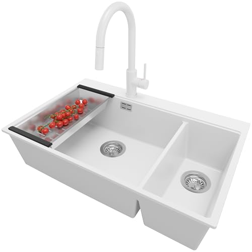 PRIMAGRAN Granitspüle Weiß 78x50cm, Spülbecken 2 Becken + Küchenarmatur 40x20cm + Ablauf-Set, Küchenspüle ab 80er Unterschrank - Oslo Duo von Primagran