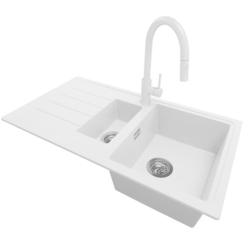 PRIMAGRAN Granitspüle Weiß 90x50cm, Spülbecken 1,5 Becken + Ablauf-Set + Küchenarmatur 40x22cm, Küchenspüle ab 60er Unterschrank - Kopenhagen Duo von Primagran