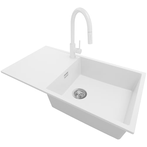 PRIMAGRAN Granitspüle Weiß 90x50cm, Spülbecken 1 Becken + Küchenarmatur 40x20cm + Ablauf-Set, Küchenspüle ab 60er Unterschrank - Ibiza von Primagran