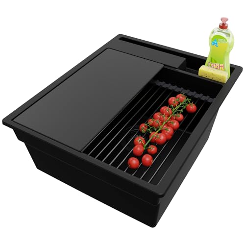 PRIMAGRAN Spülbecken Alles Schwarz 43x53cm, Granitspüle 1 Becken + Ablauf-Set + Küchenzubehörset, Küchenspüle ab 45er Unterschrank - Oslo Pocket PRIMAGRAN Spülbecken Alles Schwarz 43x53cm, Granitspüle 1 Becken + Ablauf-Set + Küchenzubehörset, Küchenspüle ab 45er Unterschrank - Oslo Pocket von Primagran