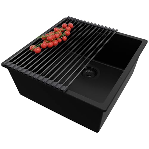 PRIMAGRAN Spülbecken Alles Schwarz 46x47cm, Granitspüle 1 Becken + Ablauf-Set + Aufrollbare Abtropffläche, Küchenspüle ab 50er Unterschrank - London Slim von Primagran