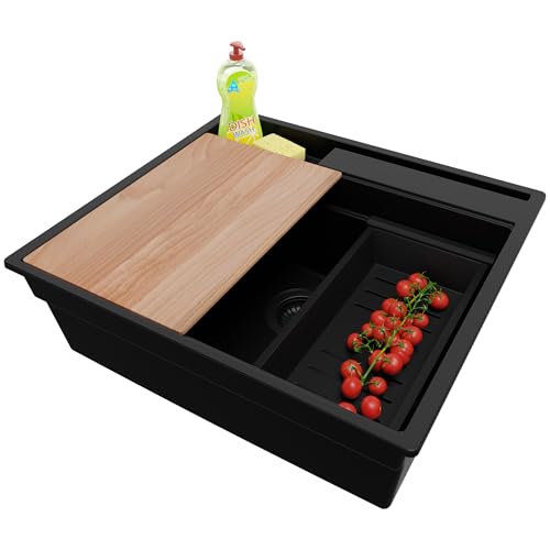 PRIMAGRAN Spülbecken Alles Schwarz 58x53cm, Granitspüle 1 Becken + Ablauf-Set + Schneidebrett, Küchenspüle ab 60er Unterschrank - Oslo Pocket von Primagran