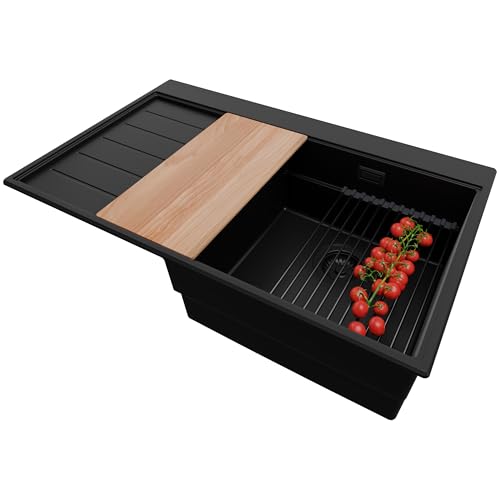 PRIMAGRAN Spülbecken Alles Schwarz 78x50cm, Granitspüle 1 Becken + Ablauf-Set + Küchenzubehörset, Küchenspüle ab 45er Unterschrank - Sydney von Primagran