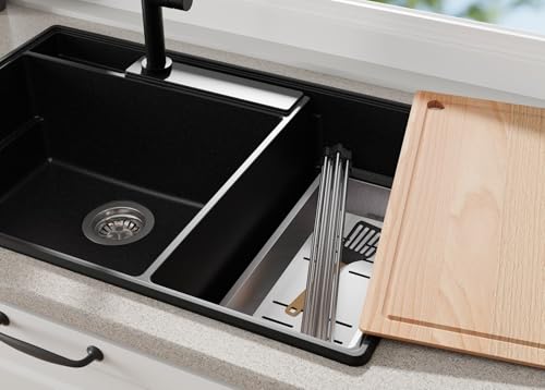 PRIMAGRAN Spülbecken Alles Schwarz 78x53cm, Granitspüle 2 Becken + Ablauf-Set, Küchenspüle ab 80er Unterschrank - von Primagran
