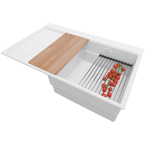 PRIMAGRAN Spülbecken Alles Weiß 78x50cm, Granitspüle 1 Becken + Ablauf-Set + Küchenzubehörset, Küchenspüle ab 45er Unterschrank - Sydney PRIMAGRAN Spülbecken Alles Weiß 78x50cm, Granitspüle 1 Becken + Ablauf-Set + Küchenzubehörset, Küchenspüle ab 45er Unterschrank - Sydney von Primagran