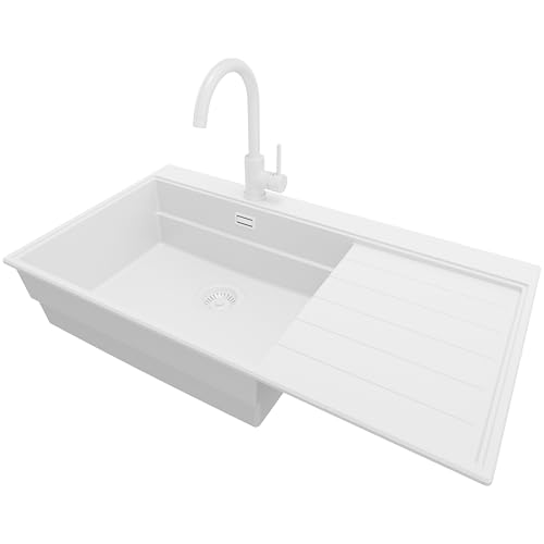 PRIMAGRAN Spülbecken Alles Weiß 90x50cm, Granitspüle 1 Becken + Ablauf-Set, Küchenspüle ab 60er Unterschrank - Venedig von Primagran