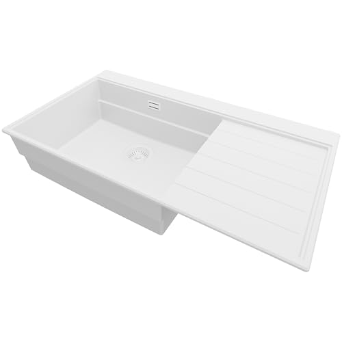 PRIMAGRAN Spülbecken Alles Weiß 90x50cm, Granitspüle 1 Becken + Ablauf-Set, Küchenspüle ab 60er Unterschrank - Venedig von Primagran