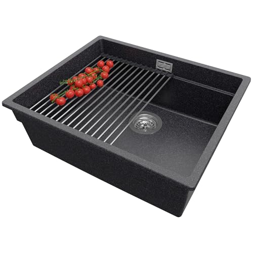 PRIMAGRAN Spülbecken Anthrazit 56x47cm, Granitspüle 1 Becken + Ablauf-Set + Aufrollbare Abtropffläche, Küchenspüle ab 60er Unterschrank - Praga Slim von Primagran