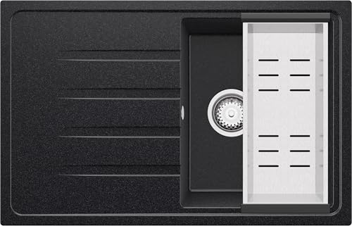 PRIMAGRAN Spülbecken Anthrazit 78x50cm, Granitspüle 1 Becken + Ablauf-Set, Küchenspüle ab 45er Unterschrank - Mailand von Primagran