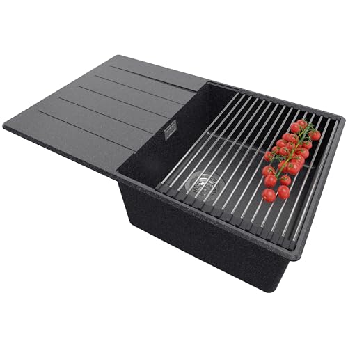 PRIMAGRAN Spülbecken Anthrazit 78x50cm, Granitspüle 1 Becken + Ablauf-Set + Aufrollbare Abtropffläche, Küchenspüle ab 50er Unterschrank - Kopenhagen von Primagran