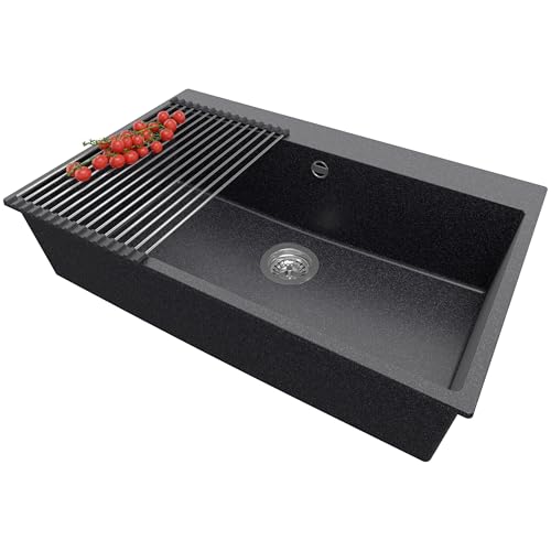 PRIMAGRAN Spülbecken Anthrazit 78x50cm, Granitspüle 1 Becken + Ablauf-Set + Aufrollbare Abtropffläche, Küchenspüle ab 80er Unterschrank - Riga von Primagran
