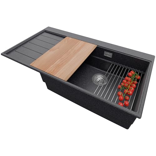 PRIMAGRAN Spülbecken Anthrazit 90x50cm, Granitspüle 1 Becken + Ablauf-Set + Küchenzubehörset, Küchenspüle ab 60er Unterschrank - Venedig von Primagran