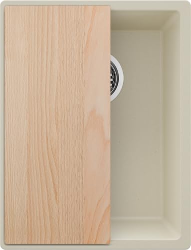 PRIMAGRAN Spülbecken Beige 36x47cm, Granitspüle 1 Becken + Ablauf-Set + Schneidebrett, Küchenspüle ab 40er Unterschrank - London Slim von Primagran