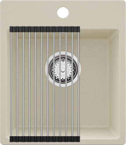 PRIMAGRAN Spülbecken Beige 38x44cm, Granitspüle 1 Becken + Ablauf-Set + Aufrollbare Abtropffläche, Küchenspüle ab 40er Unterschrank - Riga Easy von Primagran